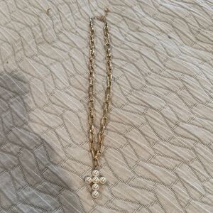 Gold and Pearl Cross Pendant Necklace